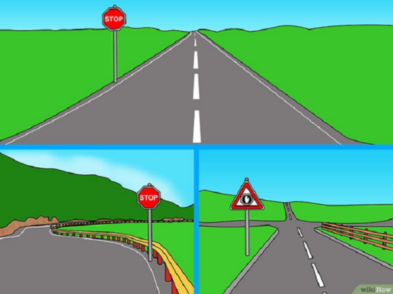 Minh họa tương tác giữa biển đường ưu tiên với biển STOP và biển nhường đường tại ngã tư