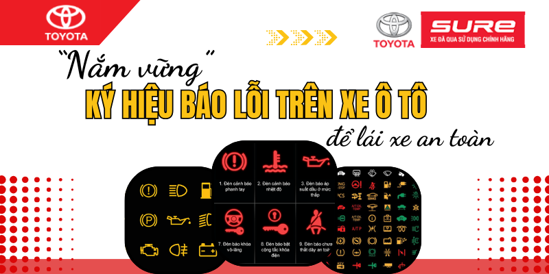 Hình ảnh cận cảnh một số biểu tượng đèn báo lỗi ô tô thường gặp như đèn báo lỗi động cơ, đèn báo áp suất dầu, đèn báo ắc quy