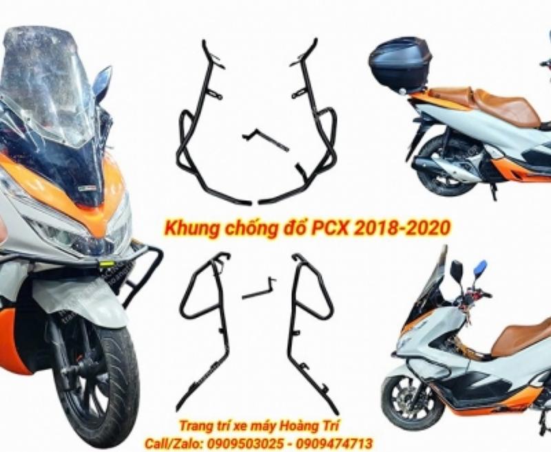 Hình ảnh tổng hợp các phụ kiện bảo vệ xe máy chống trầy xước và giảm thiệt hại khi ngã, như khung chống đổ, dán PPF.