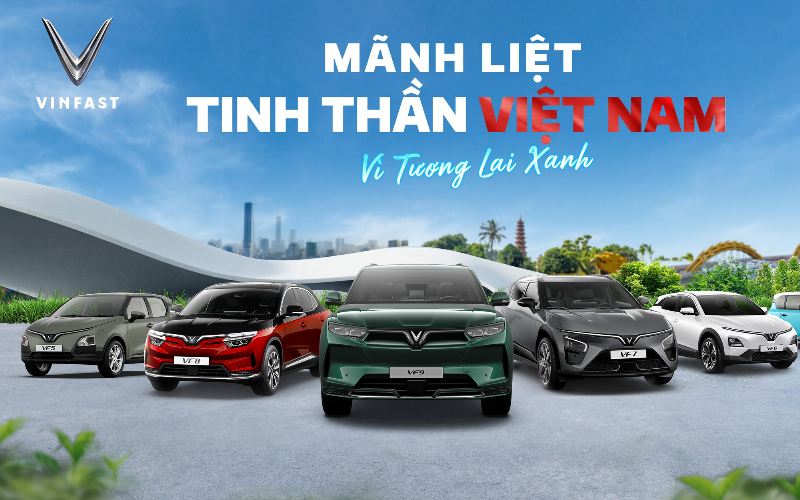 Hình ảnh tương lai minh họa các mẫu xe điện VinFast tiên tiến di chuyển trong môi trường đô thị xanh và hiện đại, thể hiện kết quả của các dự án R&D như xe đẩy v8